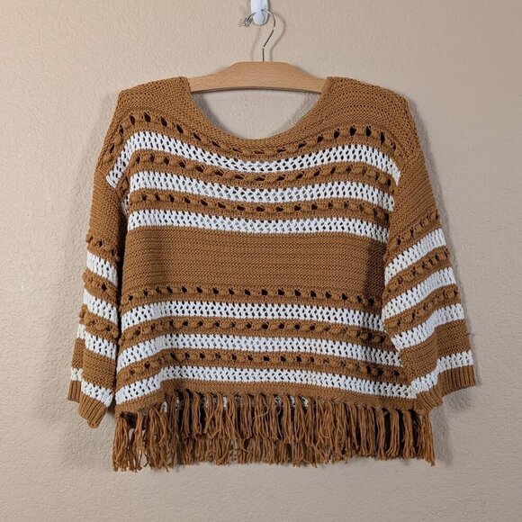 Lou & Grey for Loft Open Knit Crochet Sweater Striped Fringe Western M - Picture 1 of 7